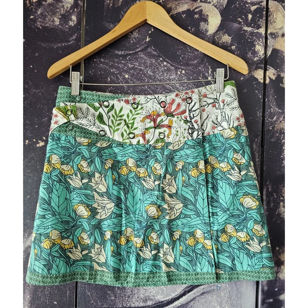 ASHA Floral Reversible Full Wrap Skirt‎ Pockets Teal Green Cotton Patchwork OSFM